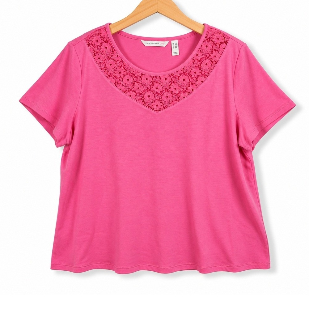 Isaac Mizrahi Live Womens 2X Begonia Pink Short Sleeve Top Floral Lace A691736